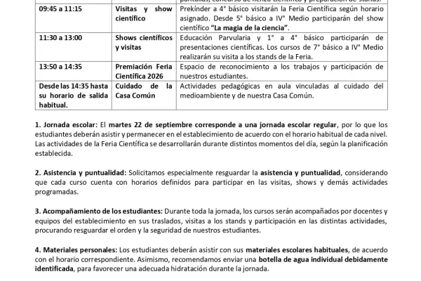 Estimada comunidad Lasallista, esperando que se encuentren bien junto a sus familias, informamos la organización de la jornada escolar correspondiente al martes 22 de septiembre, día en que nuestro establecimiento desarrollará la Feria Científica 2026, instancia que busca promover en nuestros...