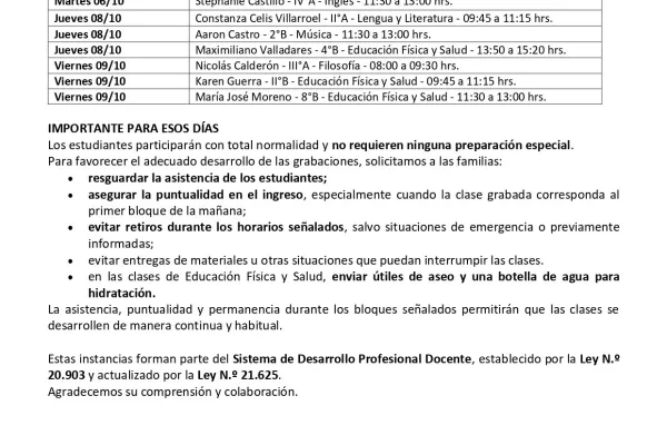 Estimada comunidad Lasallista, esperando que se encuentren bien junto a sus familias, informamos que durante la semana del 5 al 9 de octubre, algunos docentes de nuestro establecimiento realizarán su Clase Grabada, como parte de su proceso de Desarrollo Profesional Docente. Estas instancias corresponden a clases habituales y buscan recoger evidencia de...