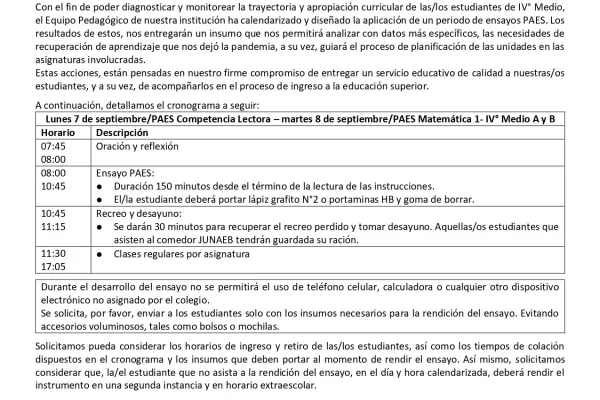 Estimada comunidad Lasallista, esperando que se encuentren bien junto a sus familias, hacemos llegar a usted información relevante en cuanto a la aplicación del tercer ensayo para la Prueba de Admisión a la Educación Superior (PAES). Con el fin de poder diagnosticar y monitorear la trayectoria y...