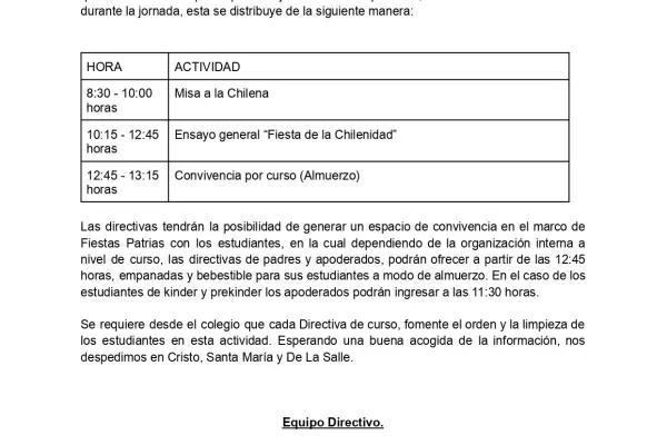 Estimada comunidad Lasallista, esperando que se encuentren bien junto a sus familias, queremos informar que el próximo jueves 10 de septiembre, habrá cambio de actividades durante la jornada, esta se distribuye de la siguiente manera...