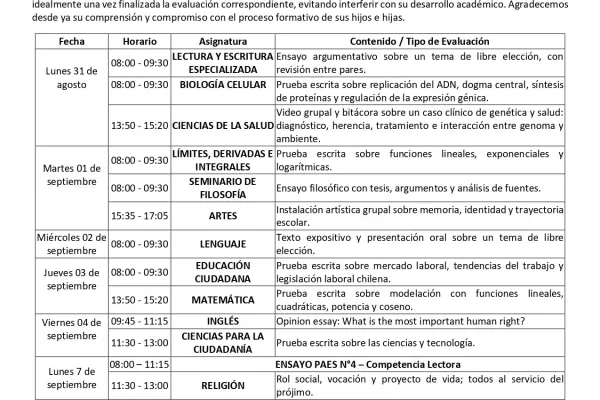 Estimados Apoderados, reciban nuestros más cordiales saludos.nos dirigimos a ustedes para informar el calendario de evaluaciones sumativas correspondientes a la Unidad 3 Reiteramos la importancia de la asistencia oportuna de las y los estudiantes, ya que rendir las evaluaciones junto a su curso contribuye...