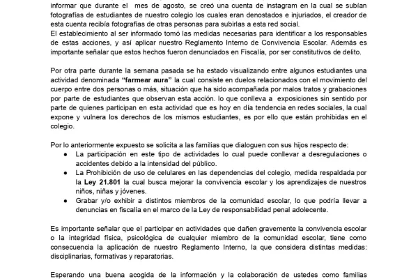 Estimada comunidad Lasallista, esperando que se encuentren bien junto a sus familias, queremos informar que durante el  mes de agosto, se creó una cuenta de instagram en la cual se subían fotografías de estudiantes de nuestro colegio los cuales eran denostados e injuriados, el creador de esta cuenta recibía fotografías de otras personas para subirlas a esta red social...