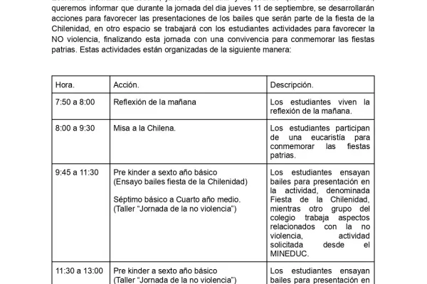 Comunicado jornada del dia jueves 11 de septiembre