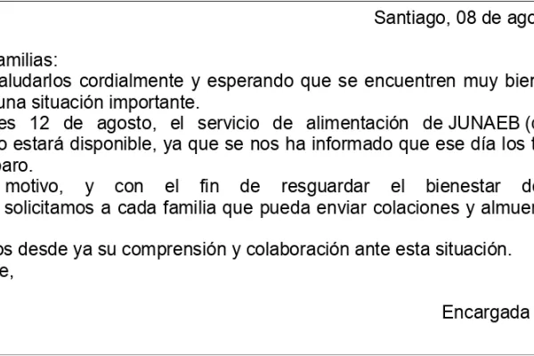 Comunicado JUNAEB - Martes 12 de Agosto