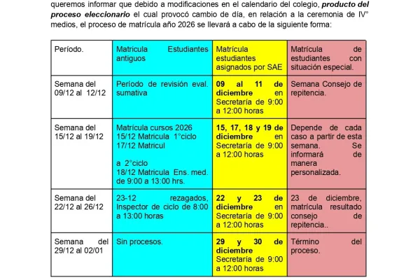 Proceso de matrícula año 2026.