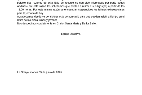 Comunicado corte de Agua Potable