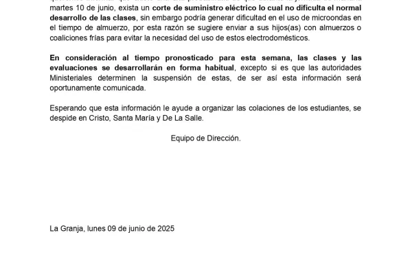 Comunicado sobre corte de Luz 10 Junio