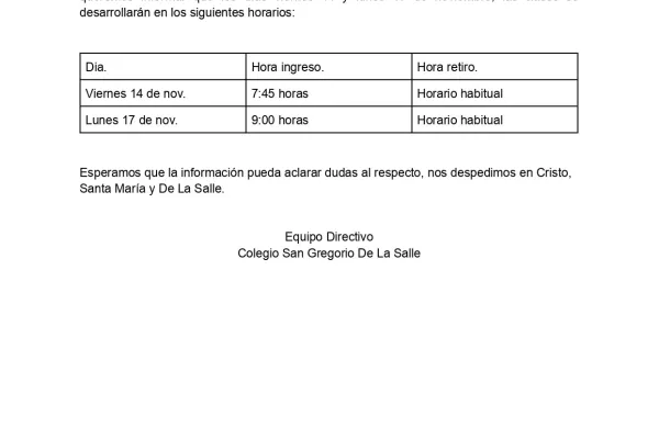 Comunicado sobre horarios de clases 14 y 17 Noviembre