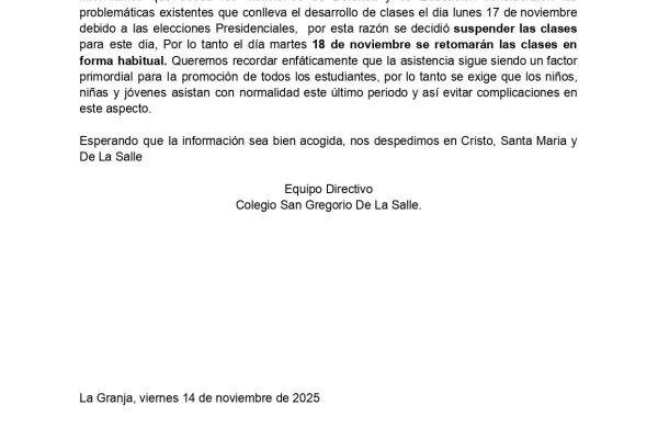 Comunicado sobre horarios de clases - Cierre de Año Escolar