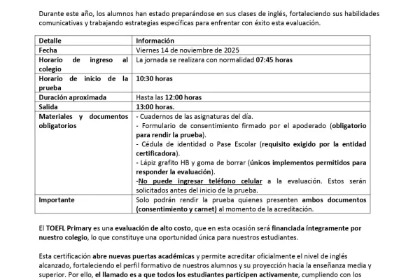 CIRCULAR N°26 - Aplicación certificación internacional TOEFL Primary
