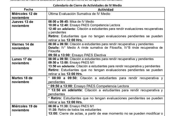 Circular N°27 - Cierre de Año Escolar  cuartos medios