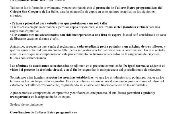 Resultado Postulación Talleres Extra Programáticos con alta demanda 