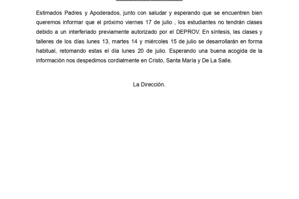 Comunicado Interferiado Viernes 17 Julio