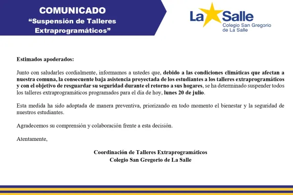 Suspensión de Talleres Extraprogramáticos Lunes 20 de Julio