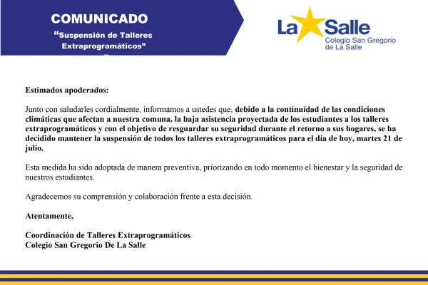 Suspensión de Talleres Extraprogramáticos Martes 21 de Julio