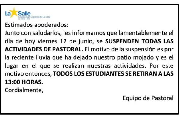 Suspensión de todas las actividades pastoral - Viernes 12