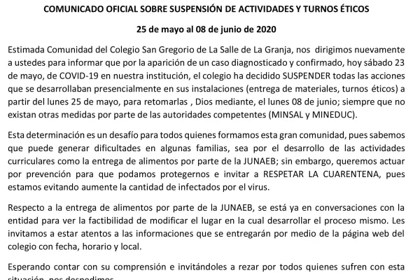 Comunicado oficial de suspensión de actividades y turnos éticos