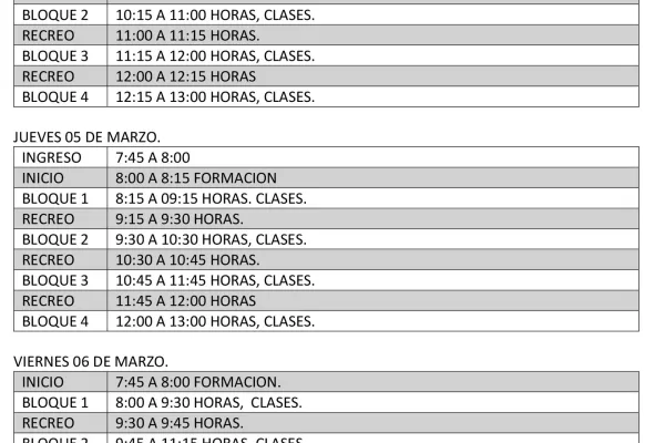 Horario primera semana de clases