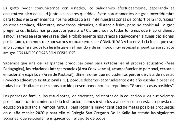 Carta para la Comunidad Lasallista del Colegio San Gregorio De La Salle