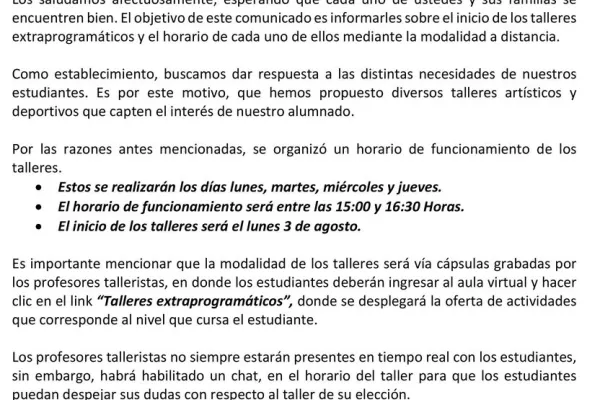 Comunicado talleres 2020