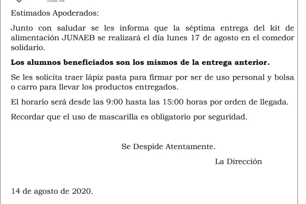 Séptima entrega del kit de alimentación JUNAEB