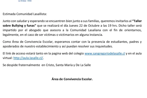 Invitación a taller de cyberbulling y funas