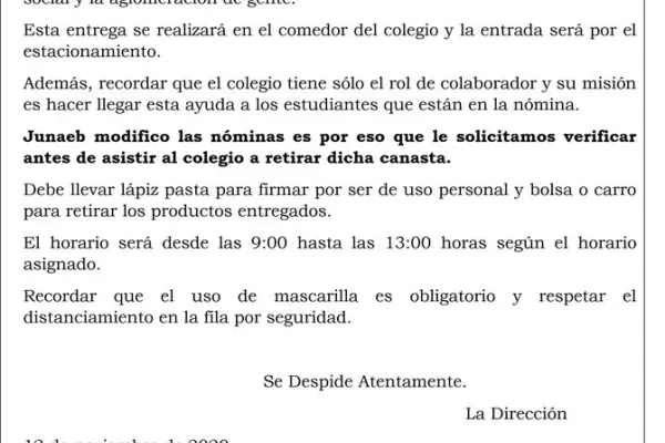 Entrega kit de alimentación JUNAEB N° 11 mes de noviembre