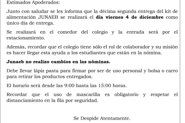 Entrega kit de alimentación JUNAEB N° 12 mes de noviembre