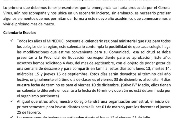Comunicado sobre proceso educativo año 2021