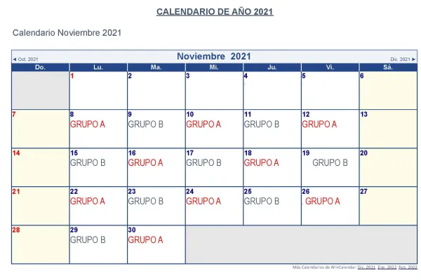 Calendario Noviembre 2021