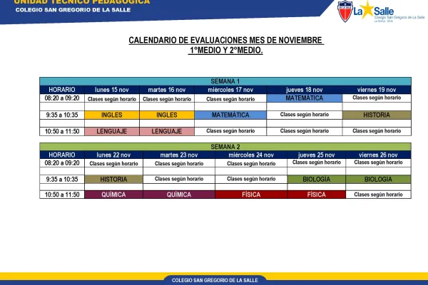 Calendario evaluaciones