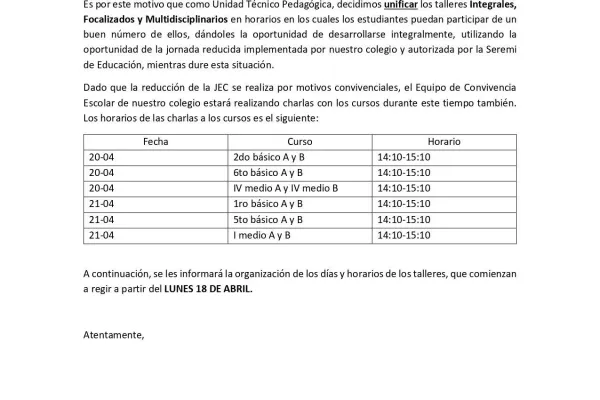 Talleres integrales, multidisciplinarios y focalizados