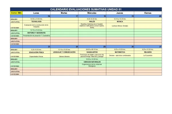 Calendario Evaluciones 2022