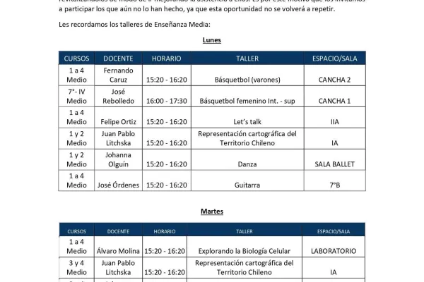 Información sobre la Reducción de Horario y Talleres Enseñanza Media
