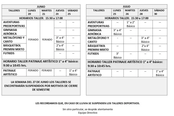 HORARIOS TALLERES MES DE JUNIO – JULIO