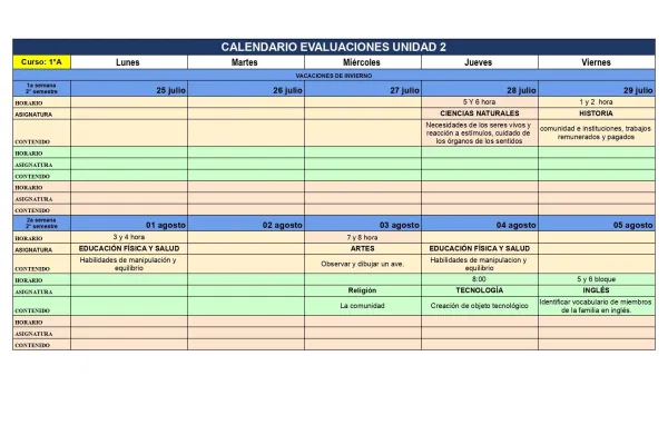 CALENDARIOS EVALUACION UNIDAD 2