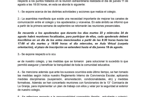 Comunicado post reunión extraordinaria 11 de agosto