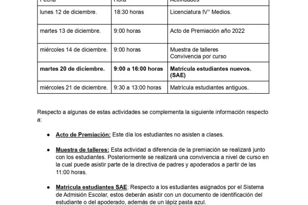 Comunicado sobre las actividades de finalización del año
