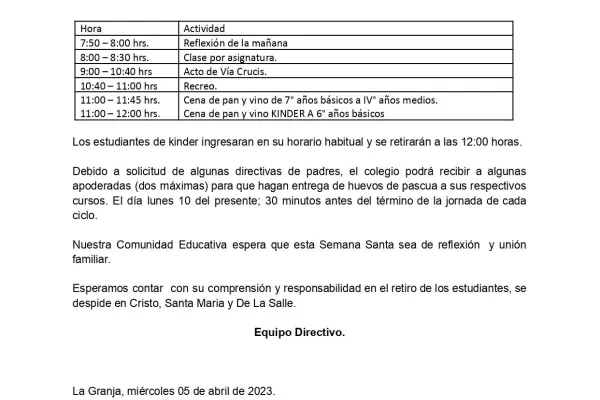 Comunicado para Padres y Apoderados Jueves Santo