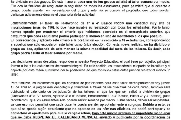 Comunicado Talleres Extraprogramáticos