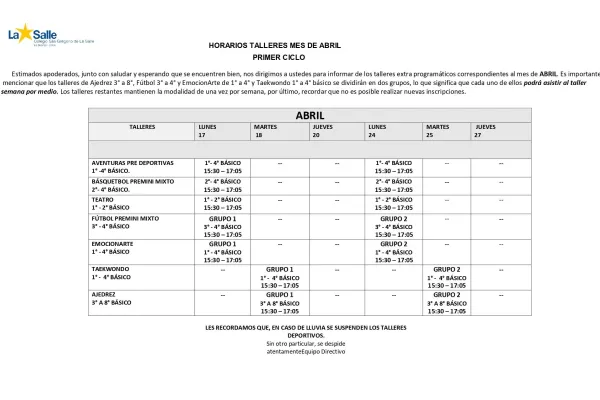 Horarios Talleres Extraprogramáticos