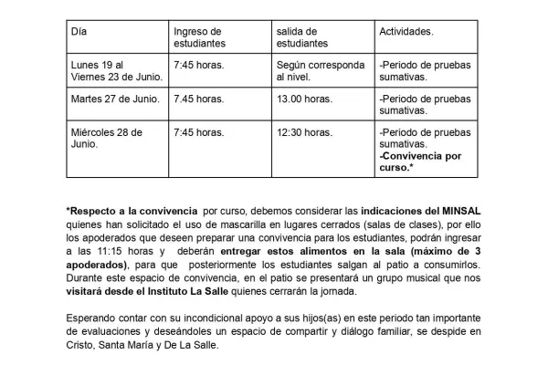 Comunicado Padres y Apoderados fin de Semestre