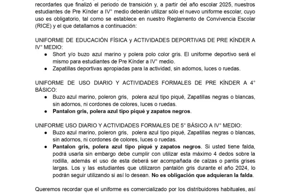 Comunicado Uniforme Escolar 2025