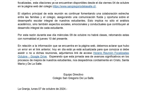 Comunicado sobre Reuniones Focalizadas Octubre 2024