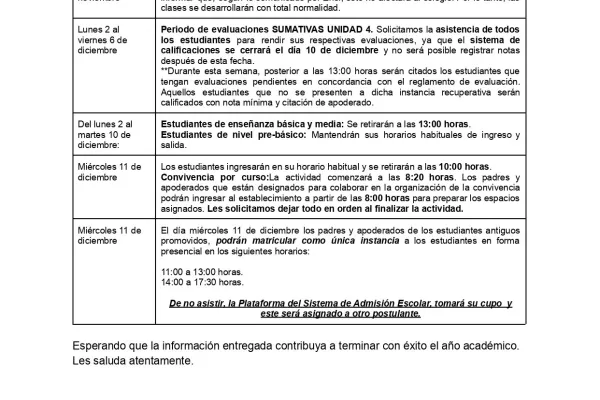 Comunicado sobre actividades escolares